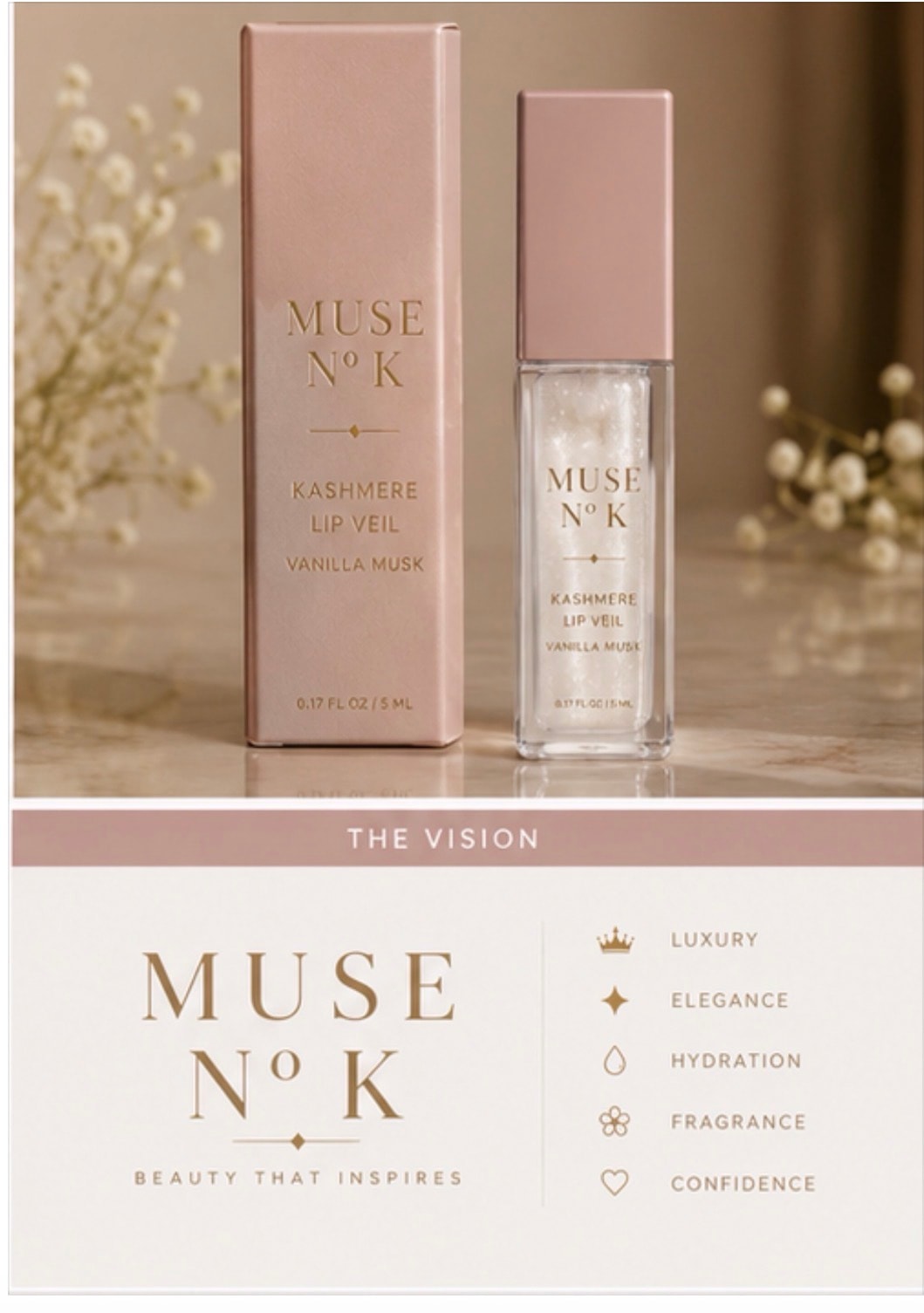 Muse No K Lip Gloo — high-shine glass finish lip gloss, brand packaging
